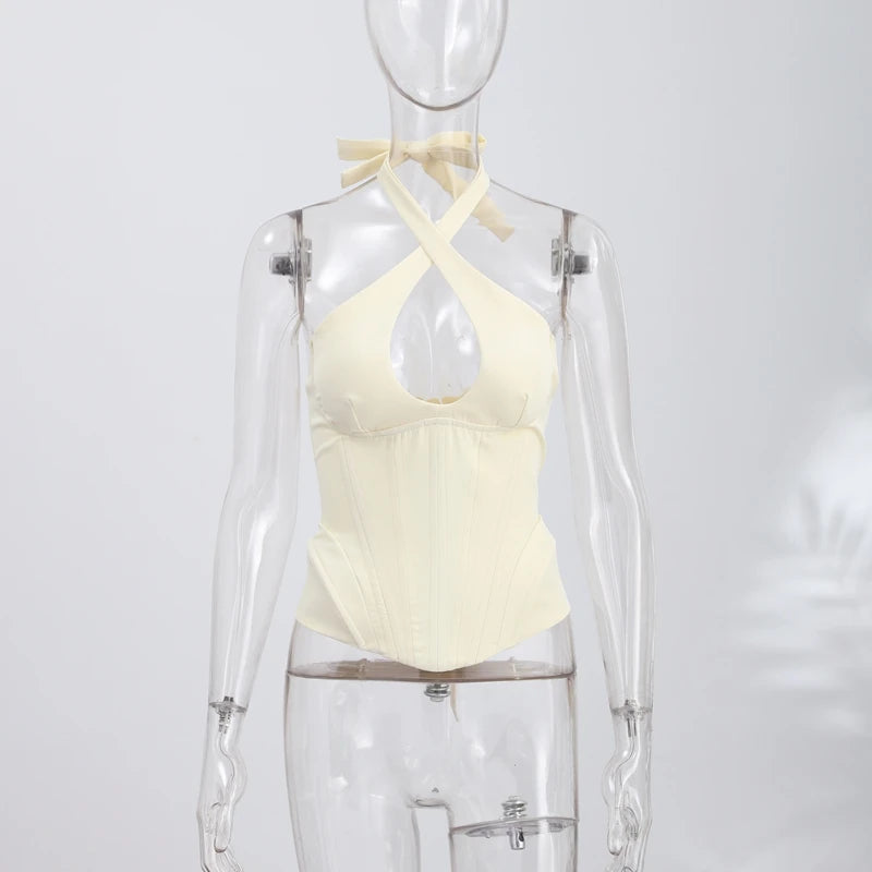 Hollow-out Fishbone  Tops 2026 Summer New Female Solid Halter